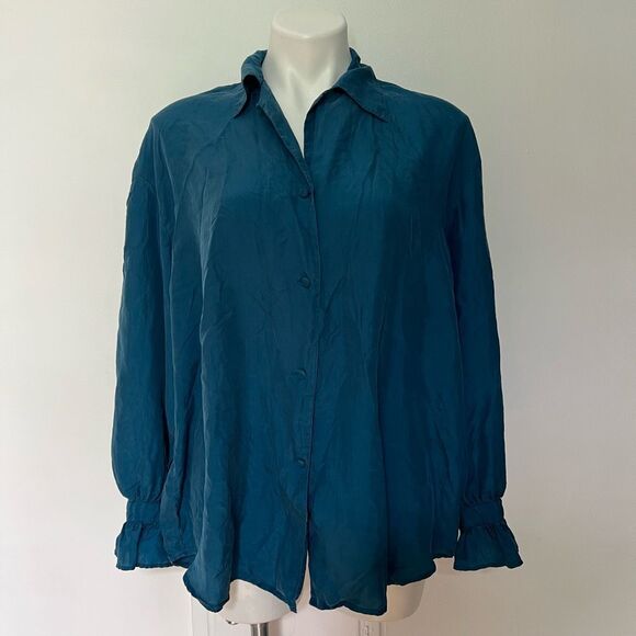 Vintage 100% silk button down ruffle sleeve cuffs - Picture 1 of 7
